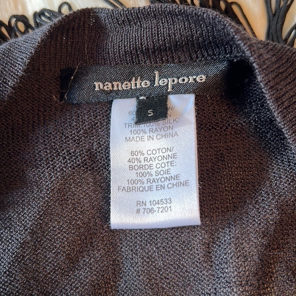 Nanette Lepore Black Fringe Trim Silk Satin Longline Cardigan Sweater Womens S - Picture 2 of 3